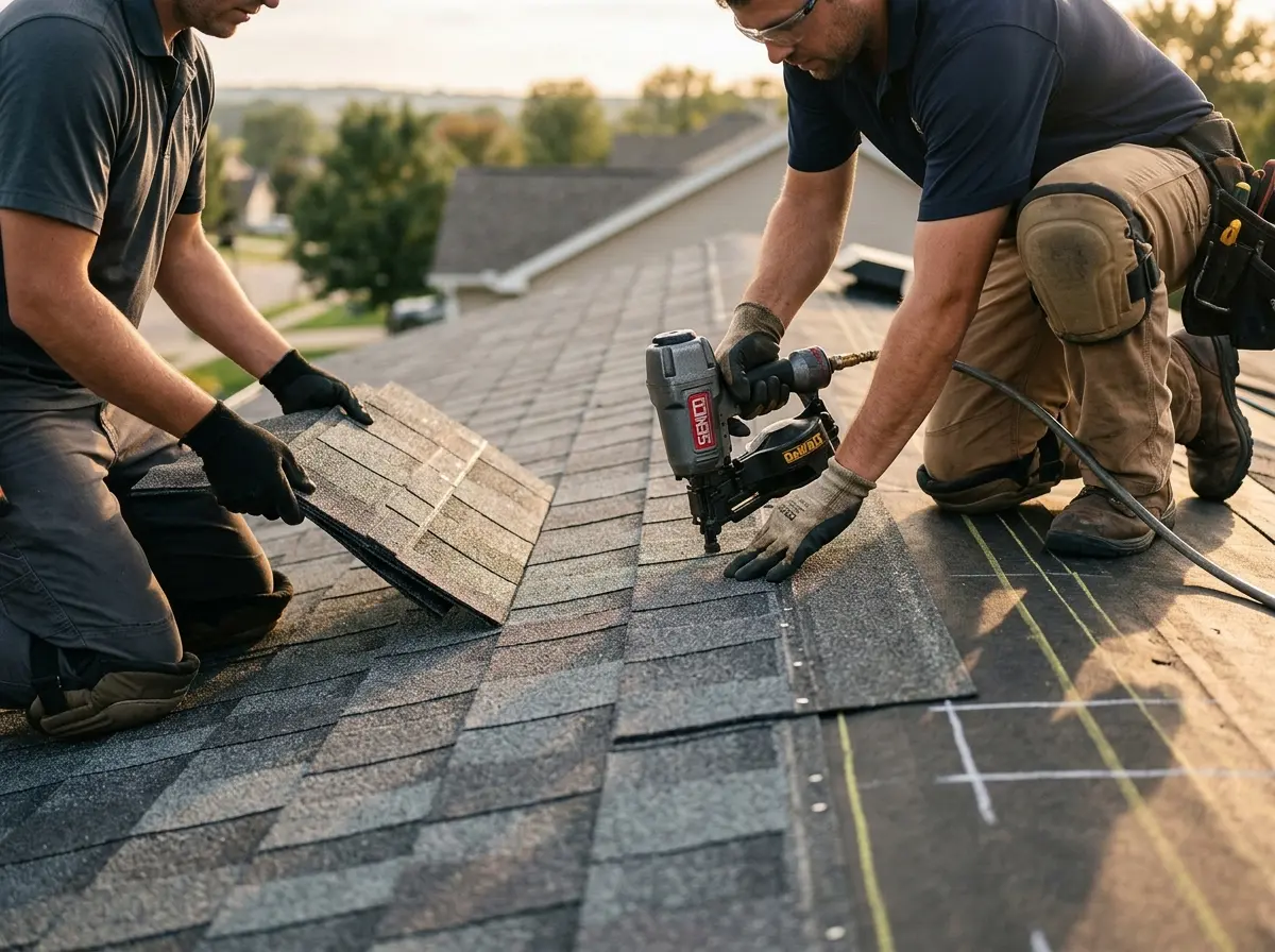 Professional roofer working on a residential roof in Tomball